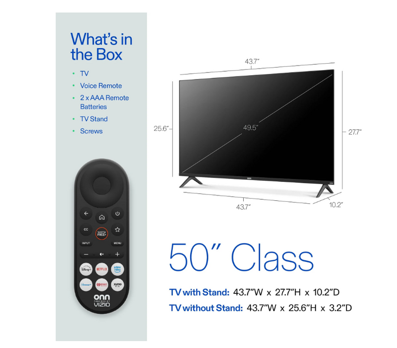 onn 50 in Class 4K UHD Smart Television Powered by VIZIO OS, 50S4V1