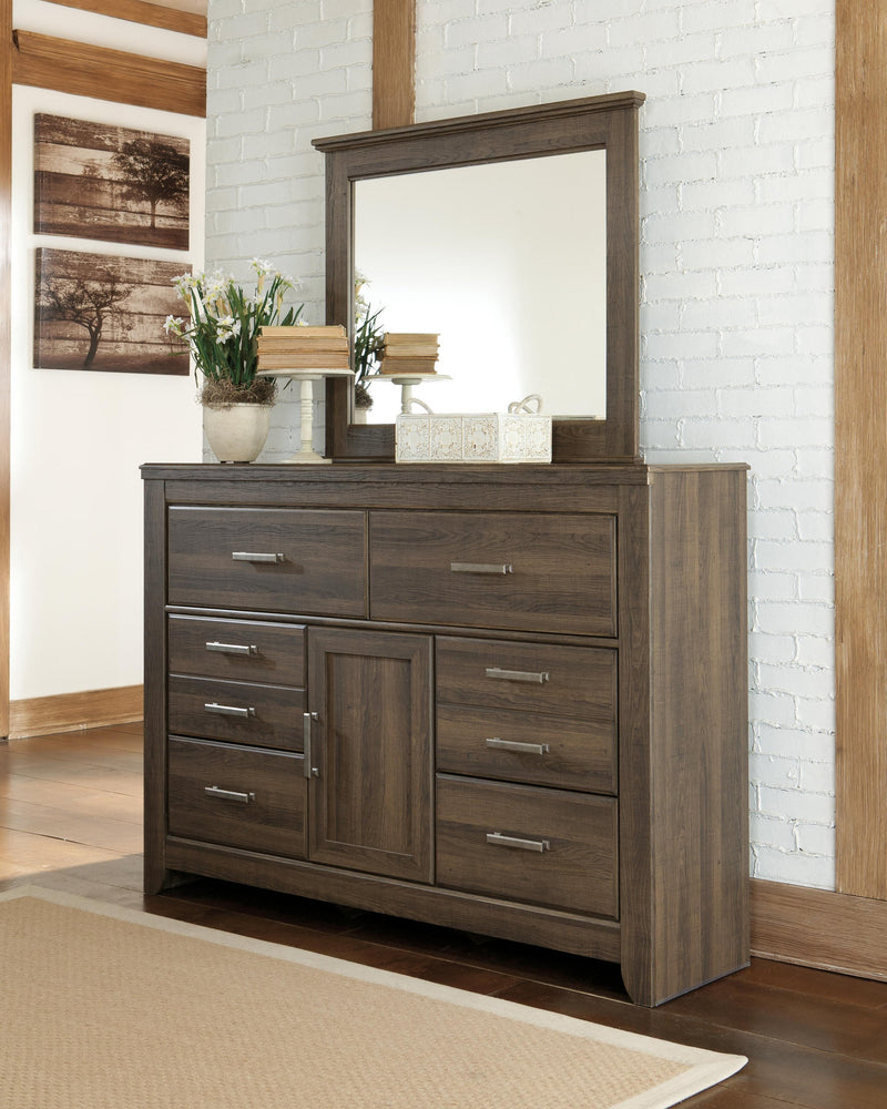 Juararo California King Panel Bed with Mirrored Dresser, Chest and Nightstand