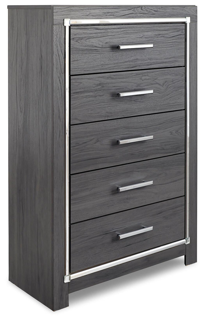 Lodanna Full Upholstered Panel Headboard Bed with Mirrored Dresser, Chest and Nightstand