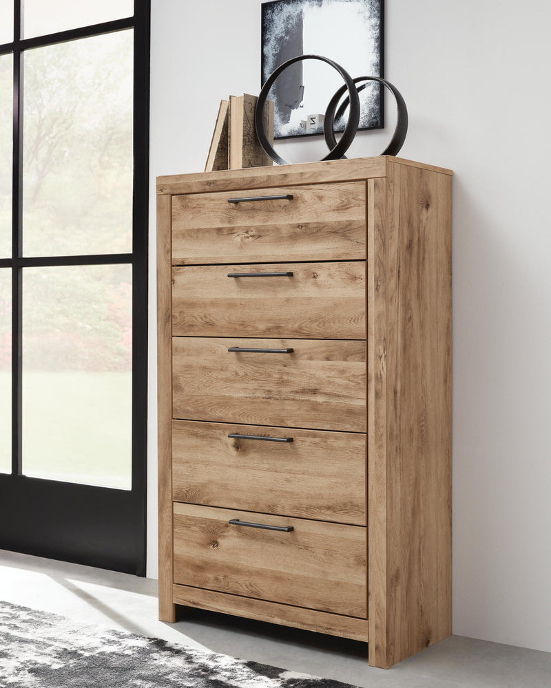 Hyanna Twin Panel Bed with 1 Side Storage, Dresser, Mirror, Chest and Nightstand