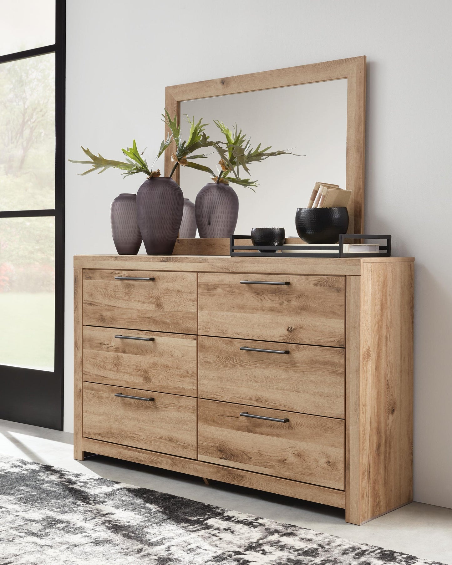 Hyanna Queen Panel Storage Bed with 1 Under Bed Storage Drawer, Dresser and Mirror