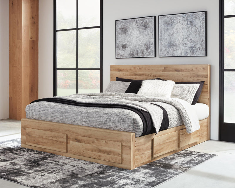 Hyanna King Panel Storage Bed with 1 Under Bed Storage Drawer, Dresser and Mirror