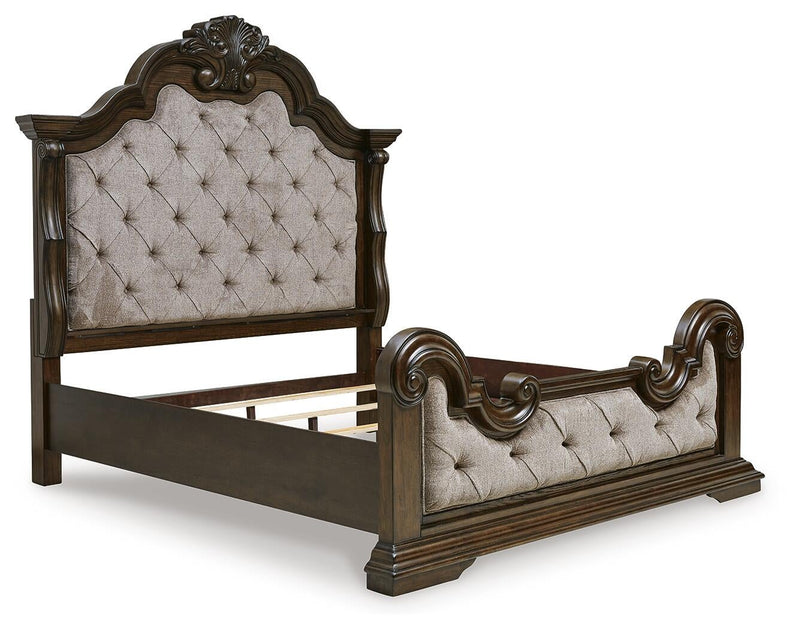 Maylee Queen Upholstered Bed with Mirrored Dresser