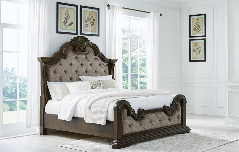 Maylee Queen Upholstered Bed with Mirrored Dresser