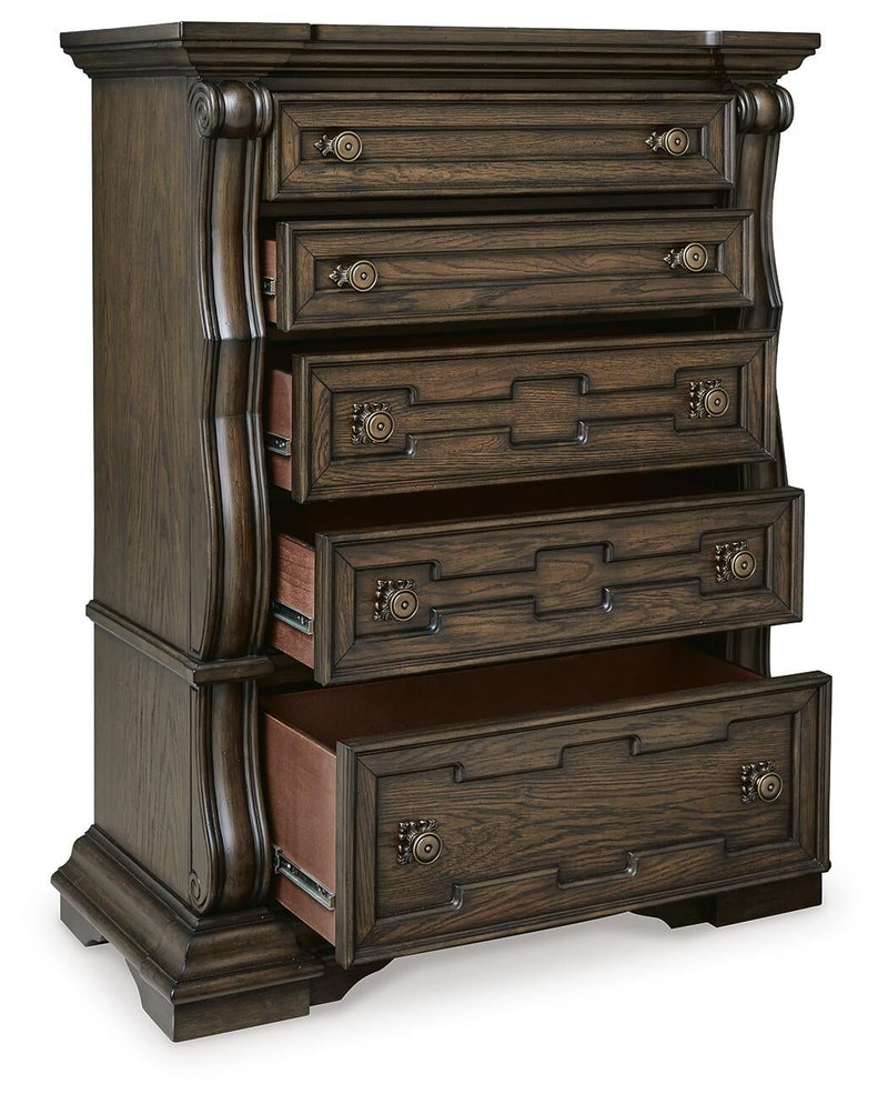 Maylee King Upholstered Bed, Dresser, Mirror, Chest and Nightstand
