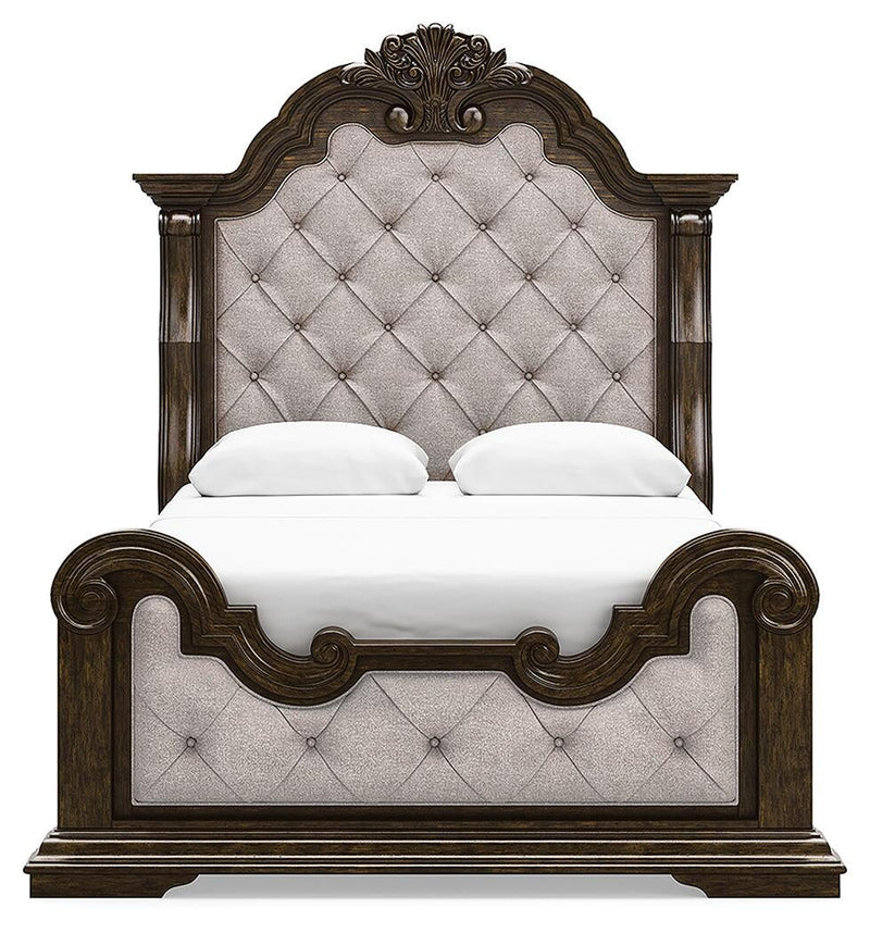 Maylee Queen Upholstered Bed, Dresser, Mirror, Chest and Nightstand