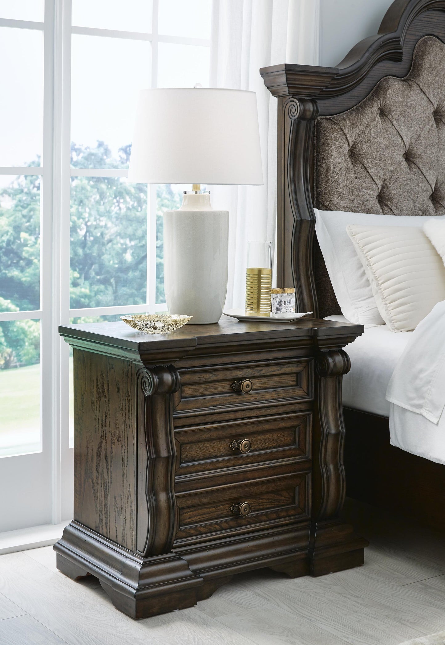 Maylee Queen Upholstered Bed, Dresser, Mirror, Chest and Nightstand