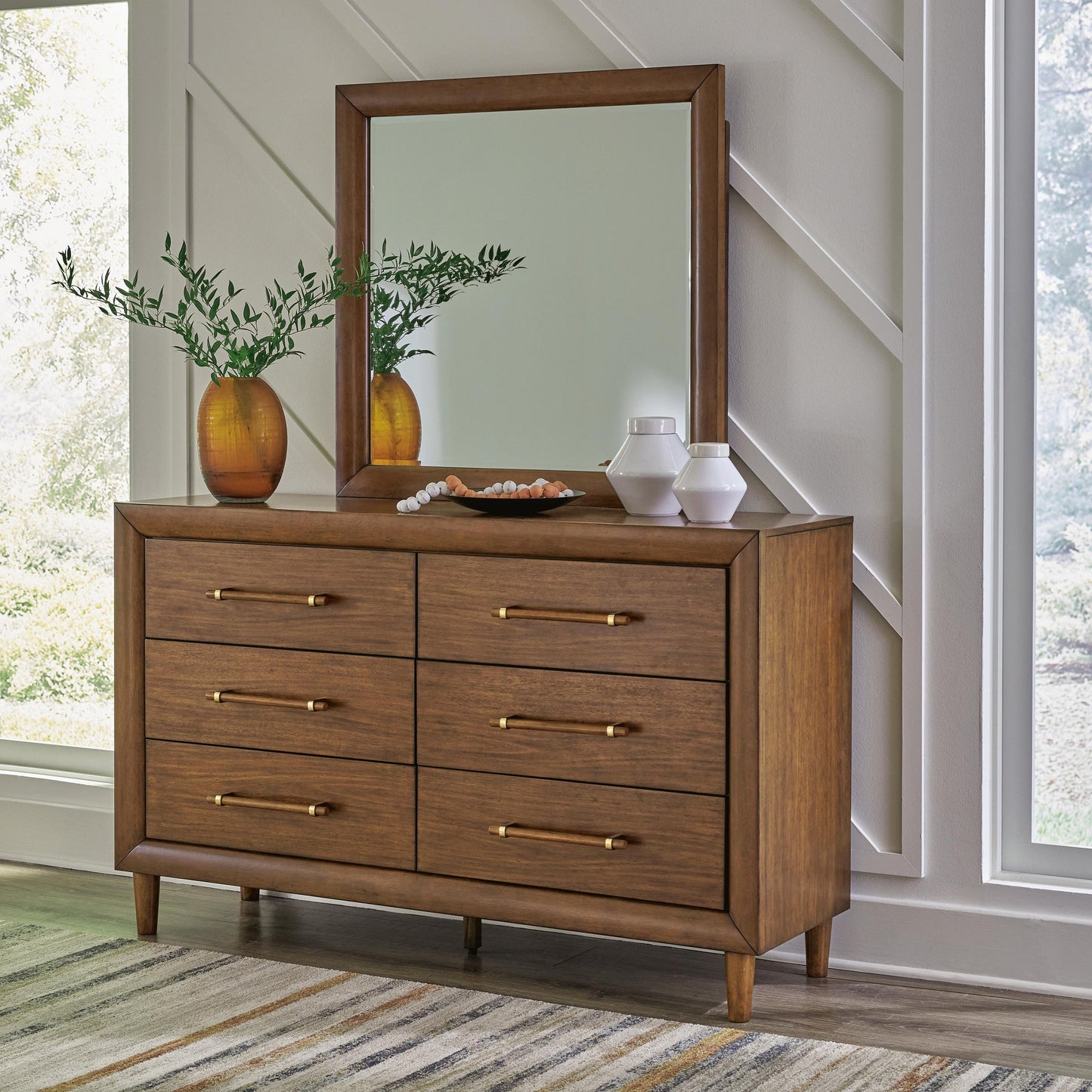 Lyncott California King Upholstered Bed with Mirrored Dresser