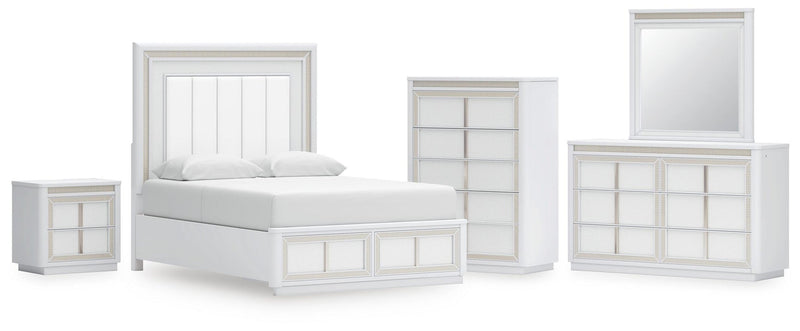 Chalanna Queen Upholstered Storage Bed, Dresser, Mirror, Chest and Nightstand