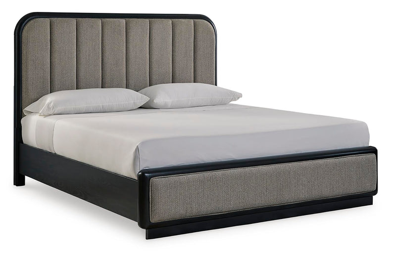 Rowanbeck California King Upholstered Panel Bed, Dresser, Mirror and Nightstand