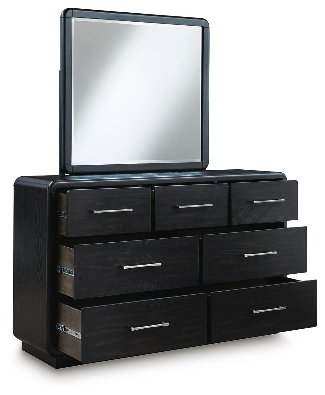 Rowanbeck King Upholstered Panel Bed, Dresser, Mirror, Chest and Nightstand