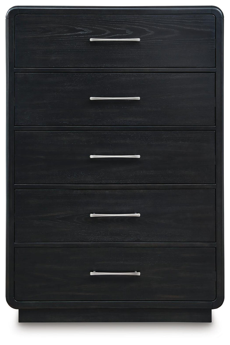 Rowanbeck King Upholstered Panel Bed, Dresser, Mirror, Chest and Nightstand