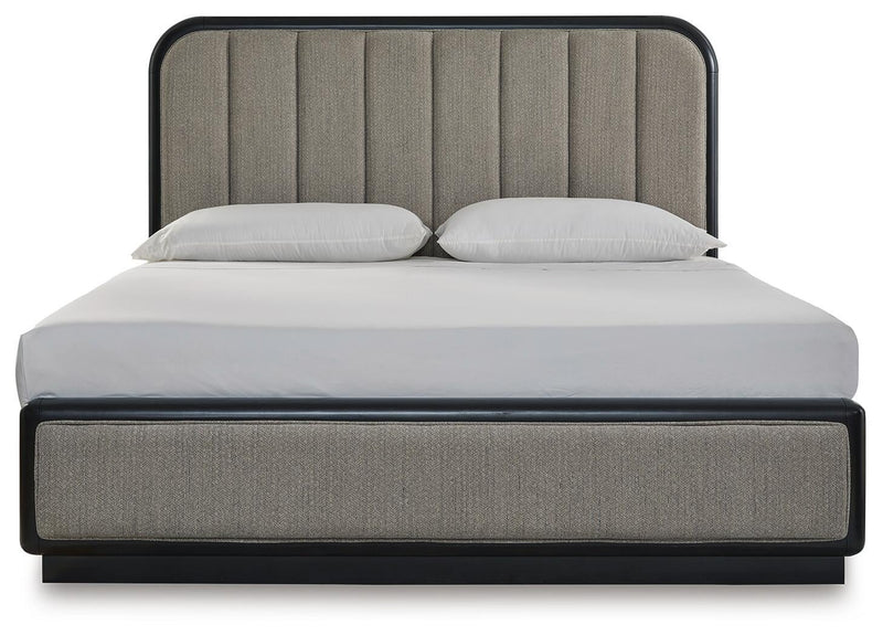 Rowanbeck King Upholstered Panel Bed, Dresser, Mirror and Nightstand