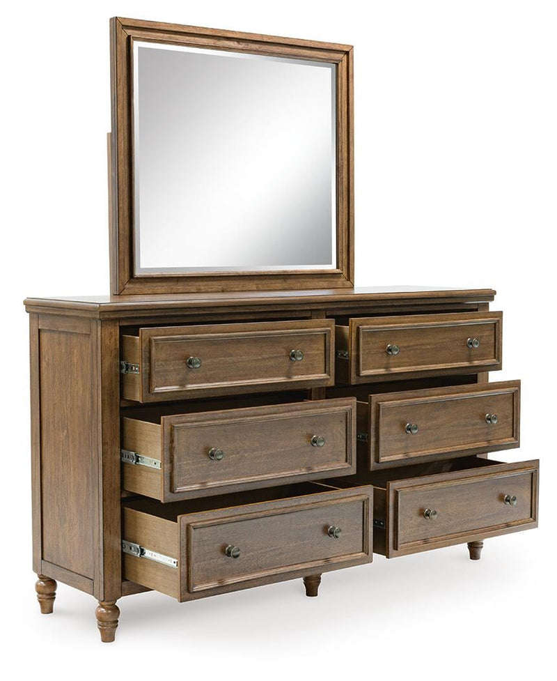 Sturlayne Queen Upholstered Panel Bed, Dresser, Mirror, Chest and Nightstand