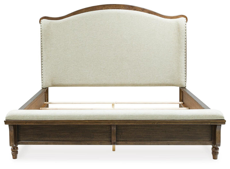 Sturlayne King Upholstered Panel Bed, Dresser, Mirror and Nightstand