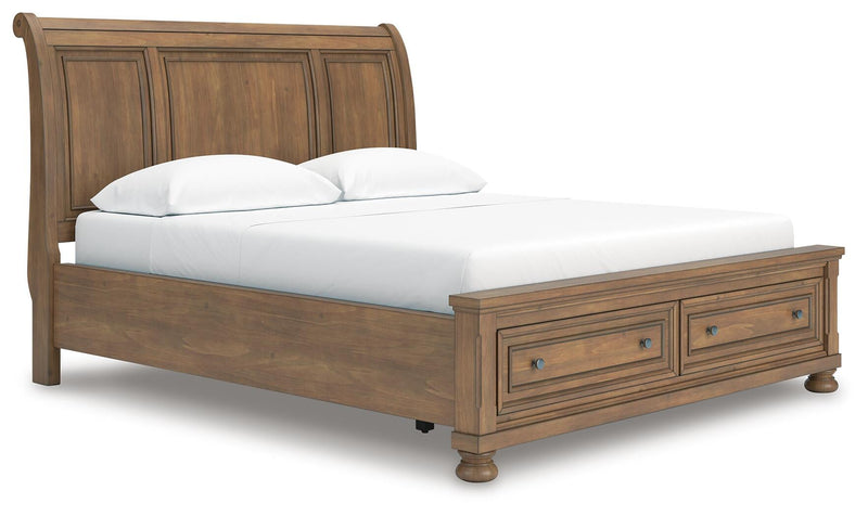 Vandenmore California King Storage Sleigh Bed with Mirrored Dresser, Chest and Nightstand