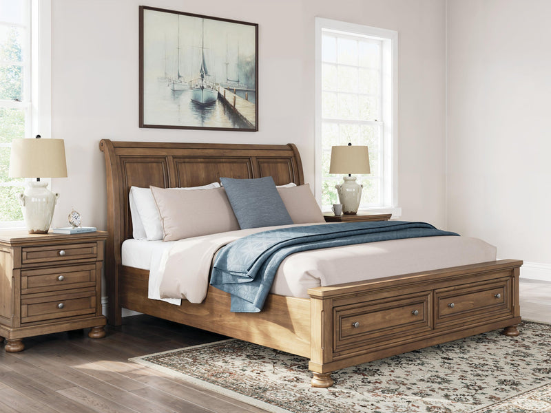 Vandenmore California King Storage Sleigh Bed with Mirrored Dresser, Chest and Nightstand