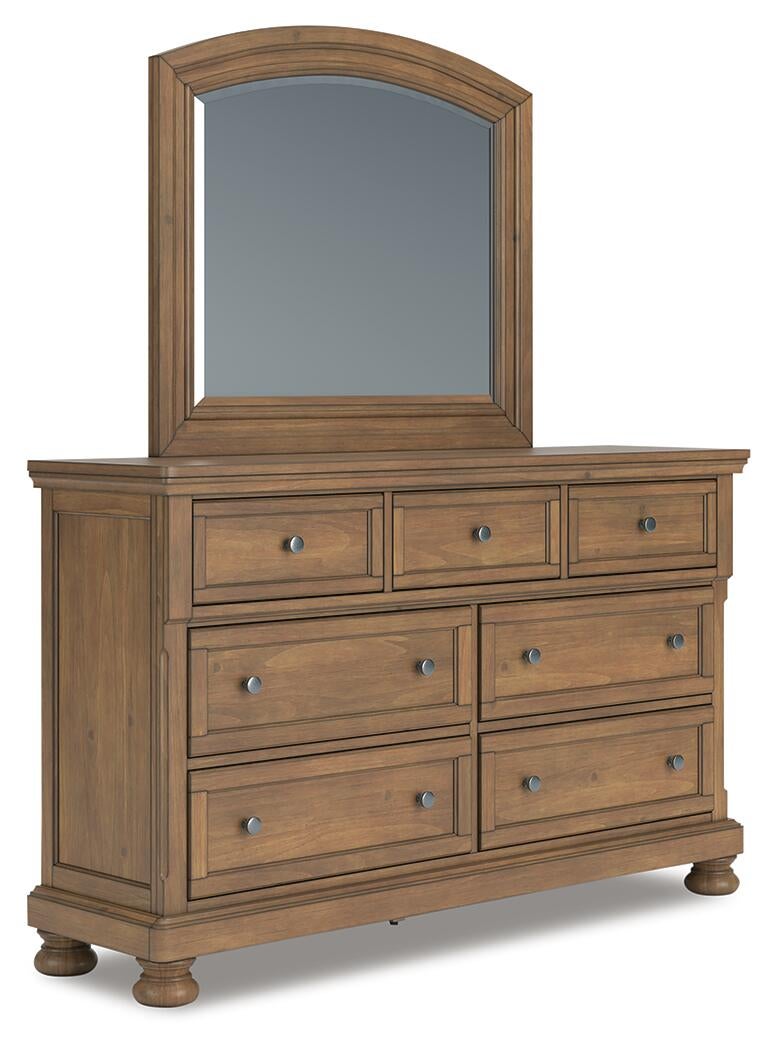 Vandenmore California King Storage Sleigh Bed with Mirrored Dresser