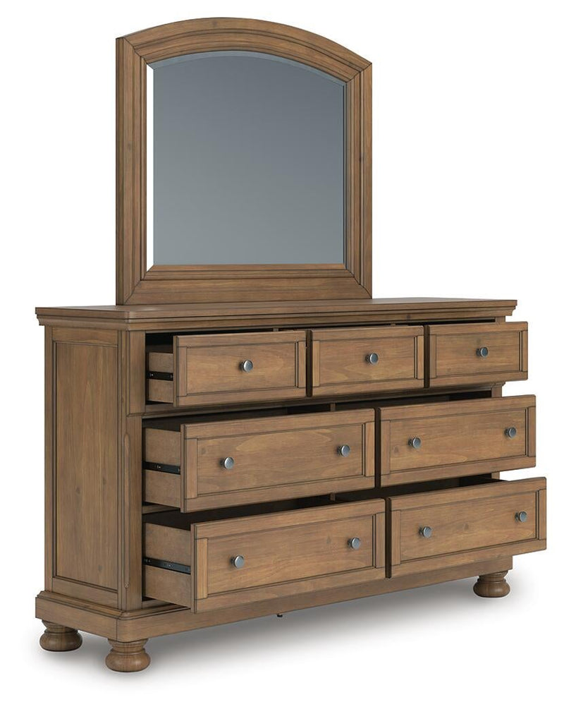 Vandenmore California King Storage Sleigh Bed with Mirrored Dresser