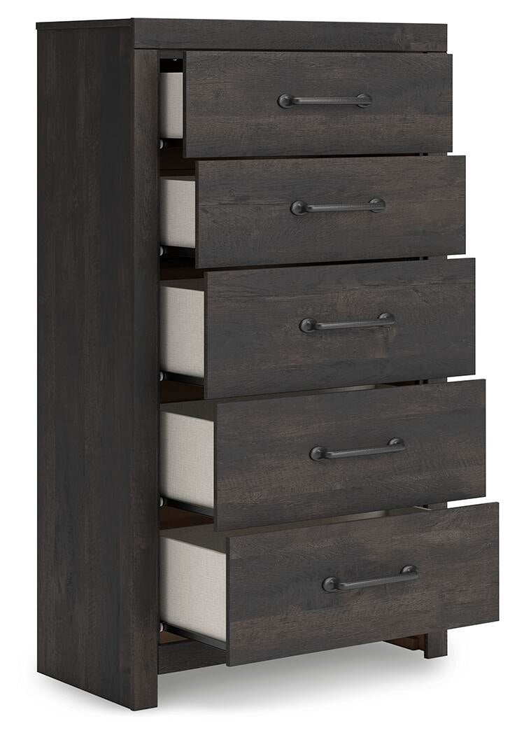 Delmorta King Panel Bed, Dresser, Mirror, Chest and Nightstand