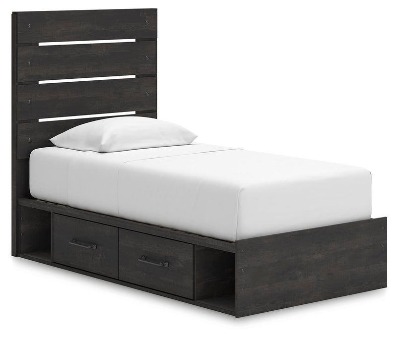 Delmorta Twin Panel Storage Bed, Dresser, Mirror and Nightstand