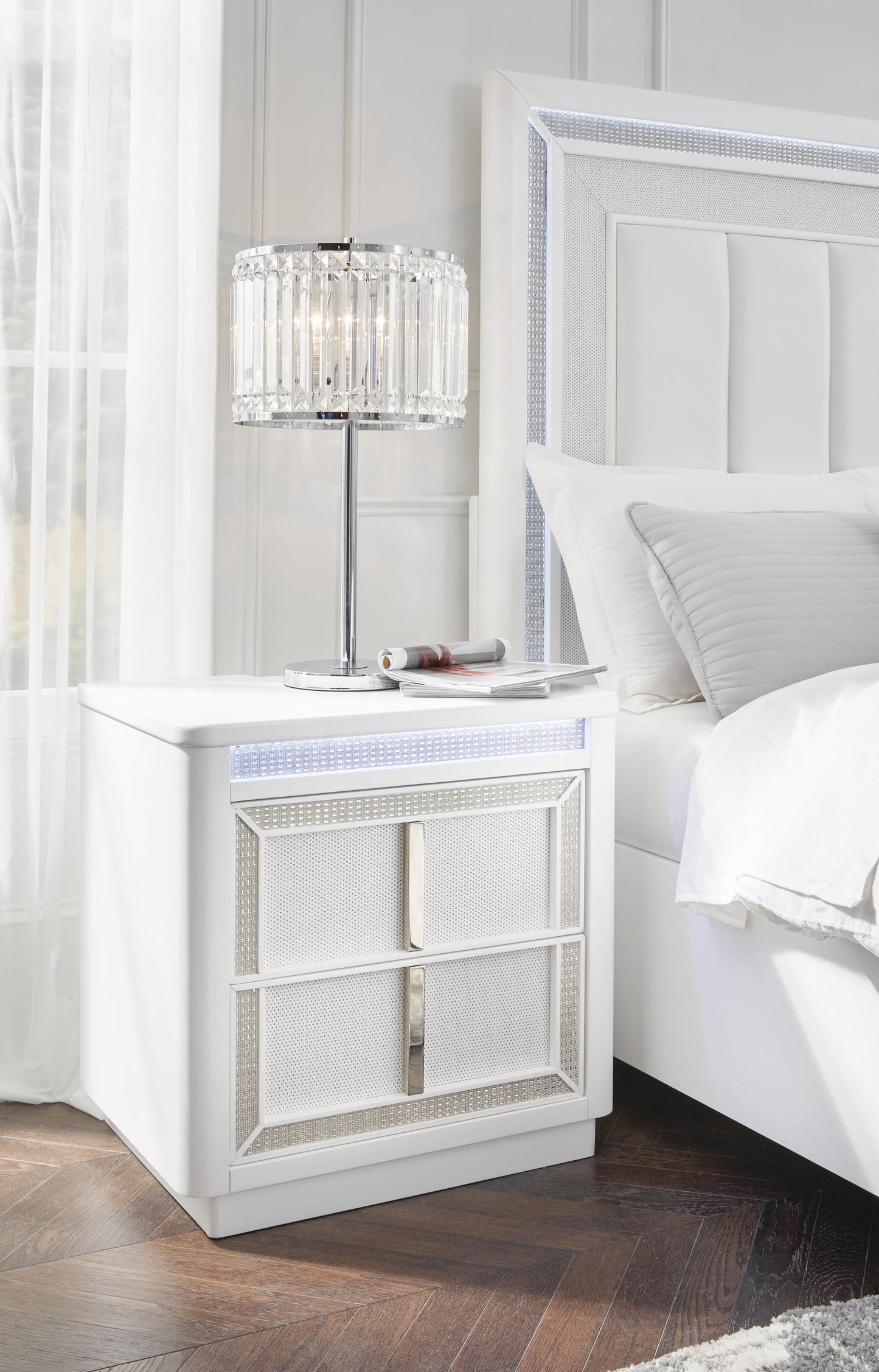 Chalanna King Upholstered Storage Bed, Dresser, Mirror, Chest and Nightstand