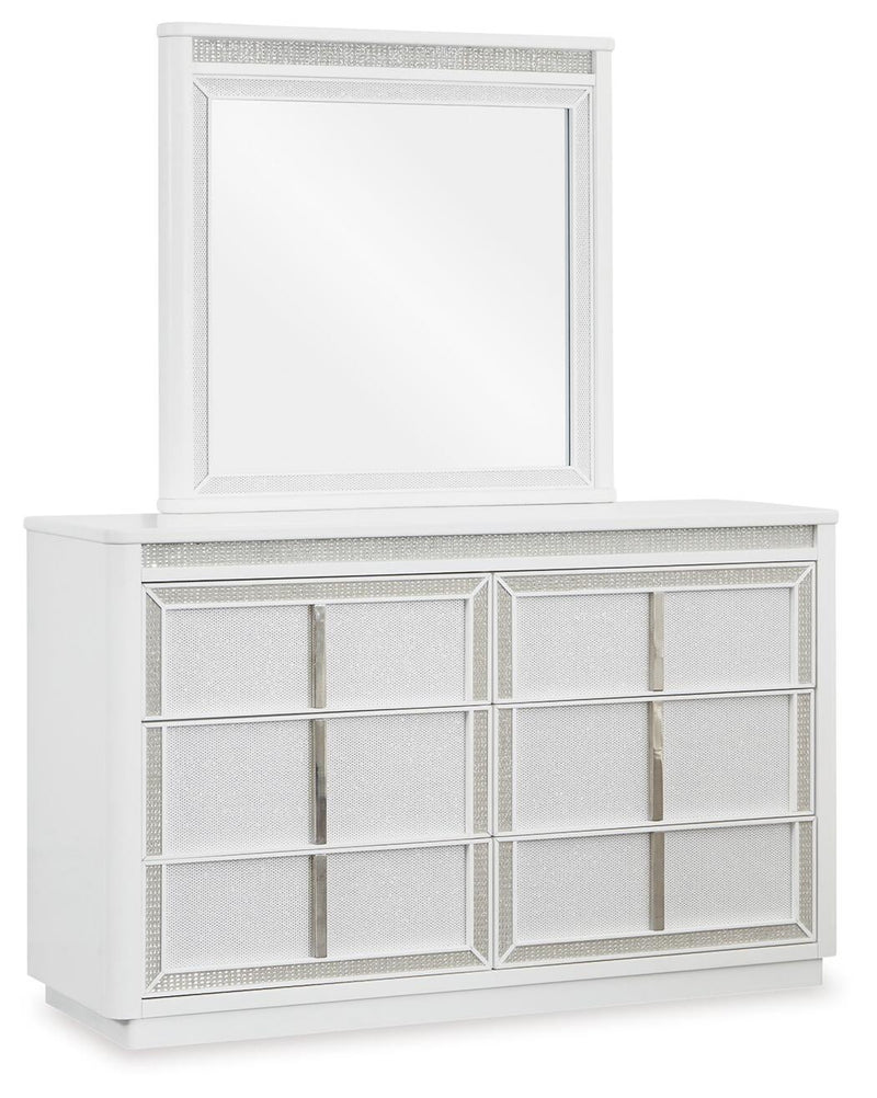 Chalanna California King Upholstered Storage Bed, Dresser, Mirror, Chest and Nightstand
