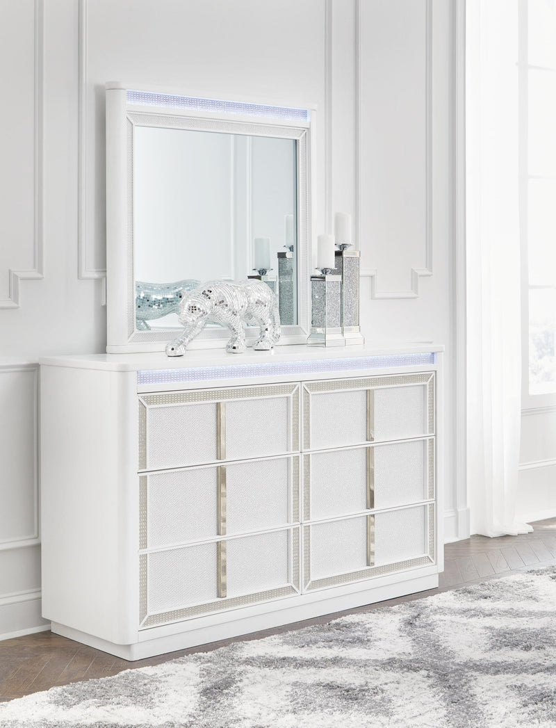 Chalanna California King Upholstered Storage Bed, Dresser, Mirror, Chest and Nightstand