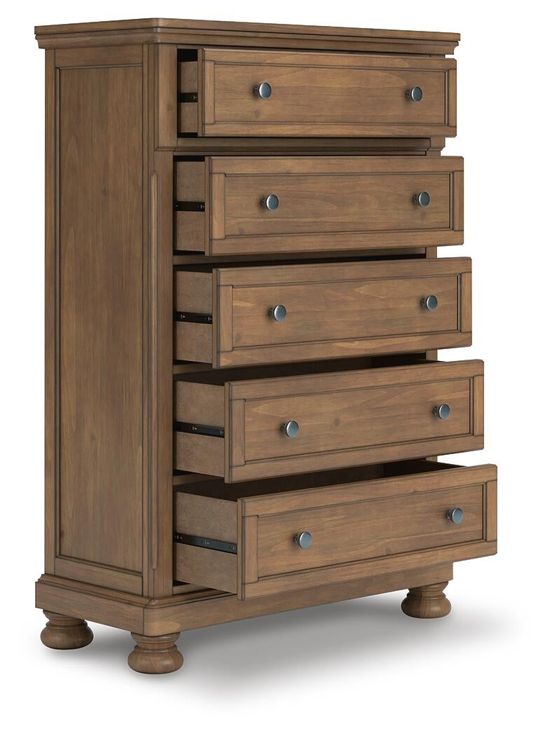 Vandenmore King Panel Bed with Mirrored Dresser, Chest and Nightstand