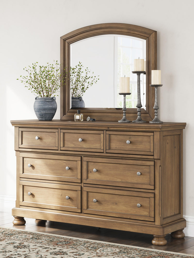 Vandenmore King Panel Bed with Mirrored Dresser and Nightstand