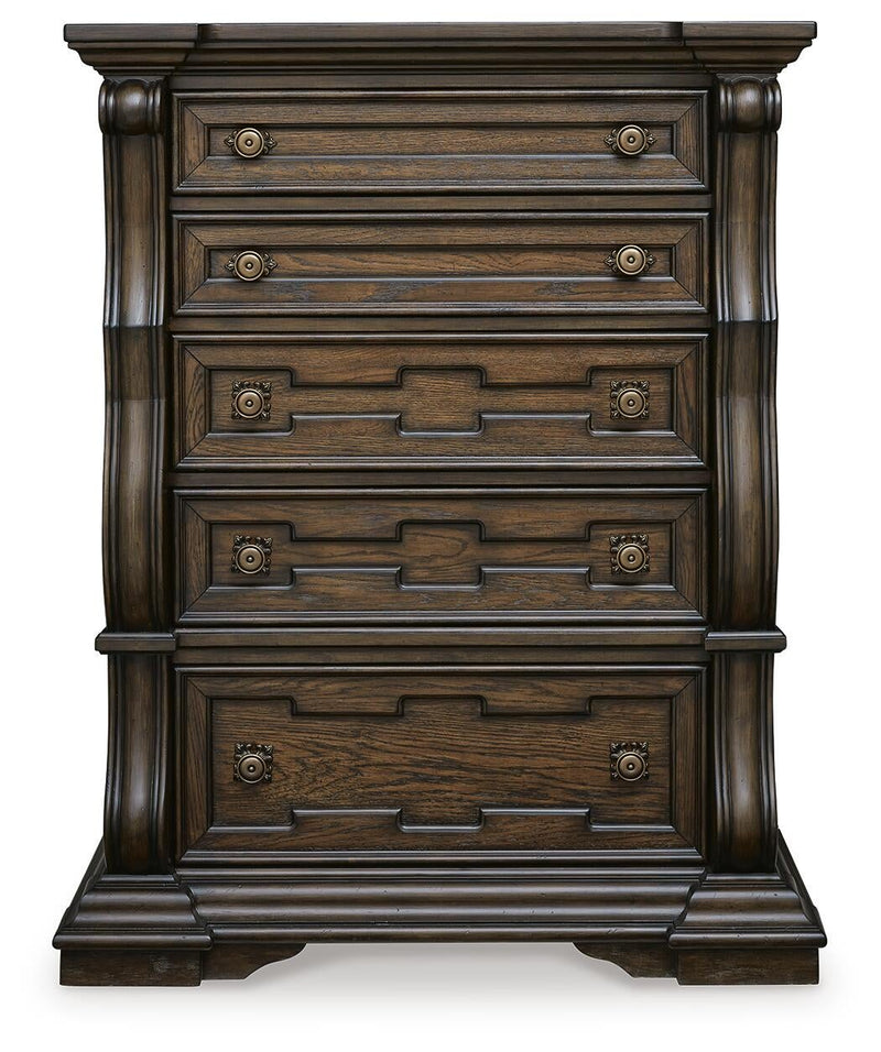 Maylee Queen Canopy Bed, Dresser, Mirror, Chest and Nightstand