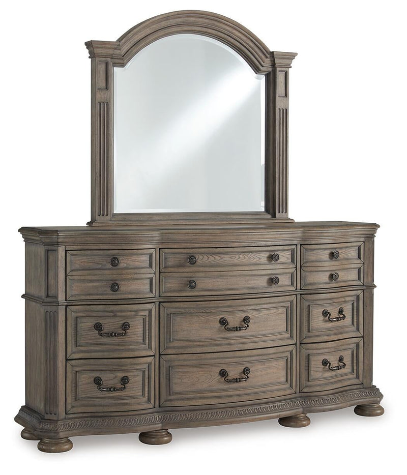 Ardenfield California King Upholstered Sleigh Bed, Dresser, Mirror and Nightstand