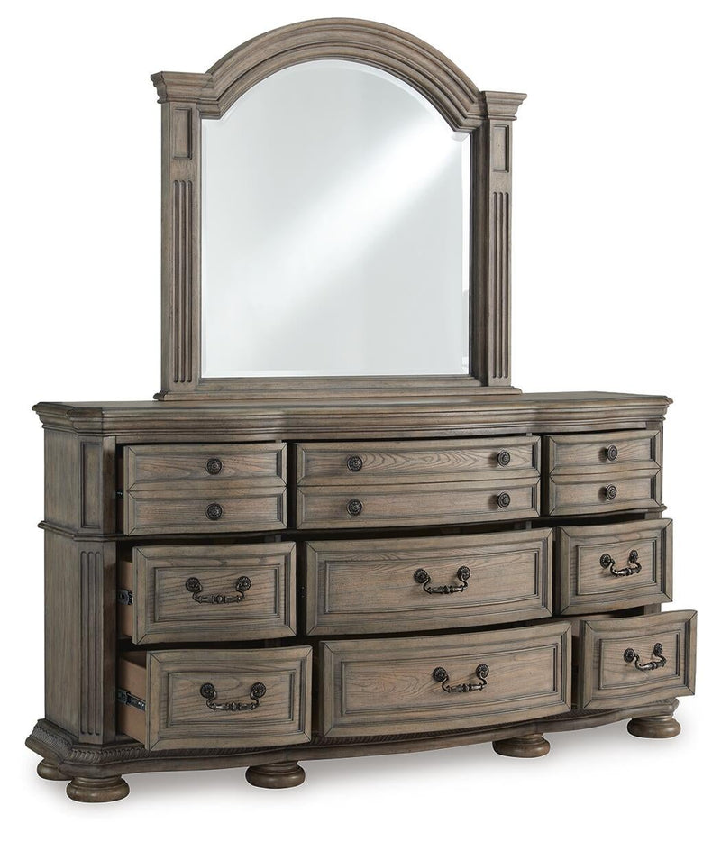 Ardenfield California King Upholstered Sleigh Bed, Dresser and Mirror