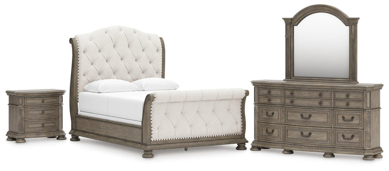 Ardenfield Queen Upholstered Sleigh Bed, Dresser, Mirror and Nightstand
