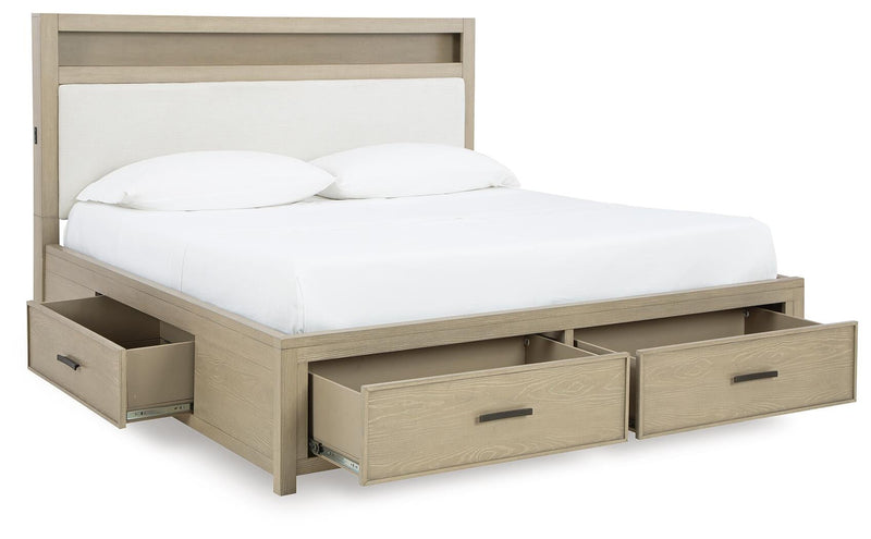 Calmoro King Bookcase Bed with Mirrored Dresser and Nightstand