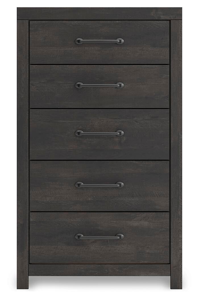 Delmorta Full Panel Storage Bed, Dresser, Mirror, Chest and Nightstand