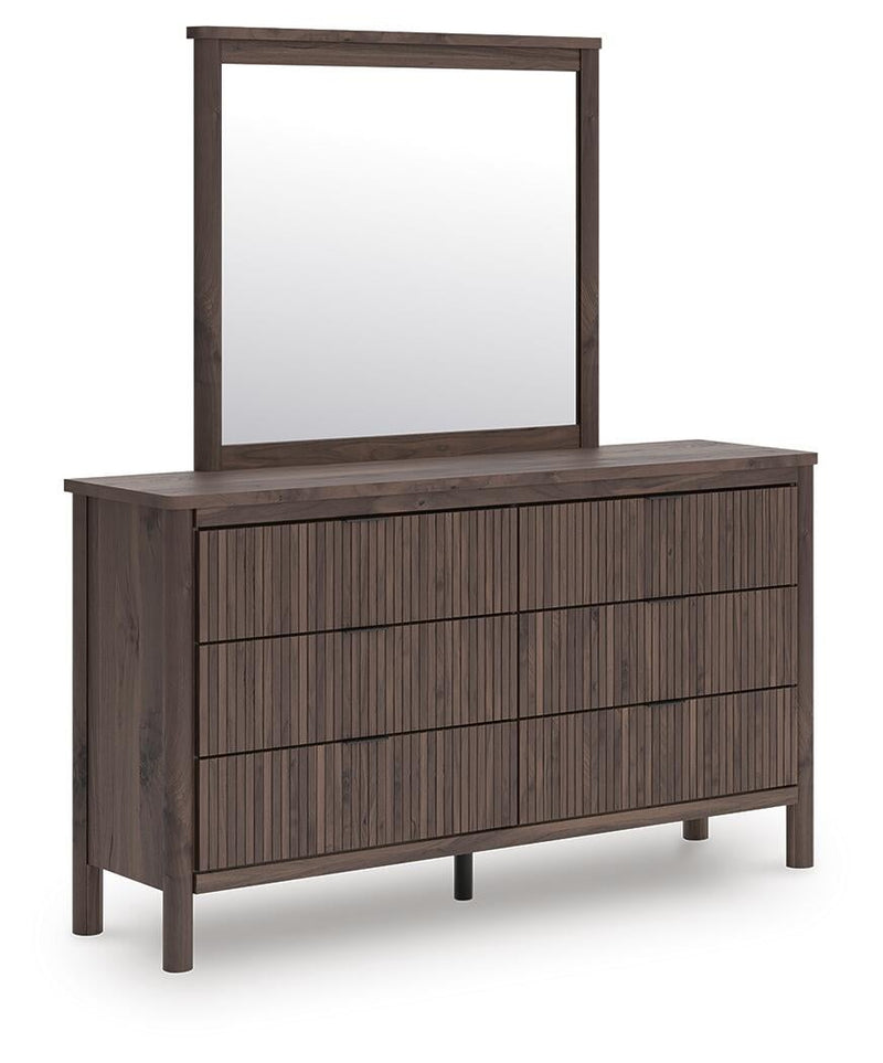 Cadmori Twin Upholstered Panel Platform Bed, Dresser, Mirror and Nightstand