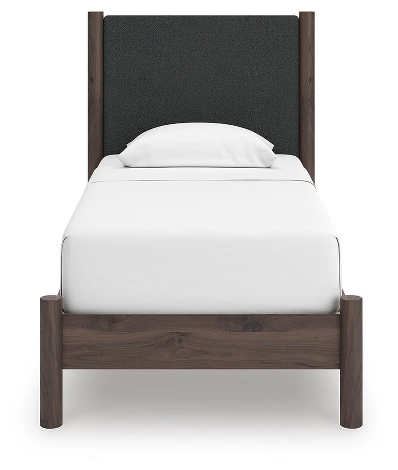 Cadmori Twin Upholstered Panel Platform Bed, Dresser, Mirror and Nightstand