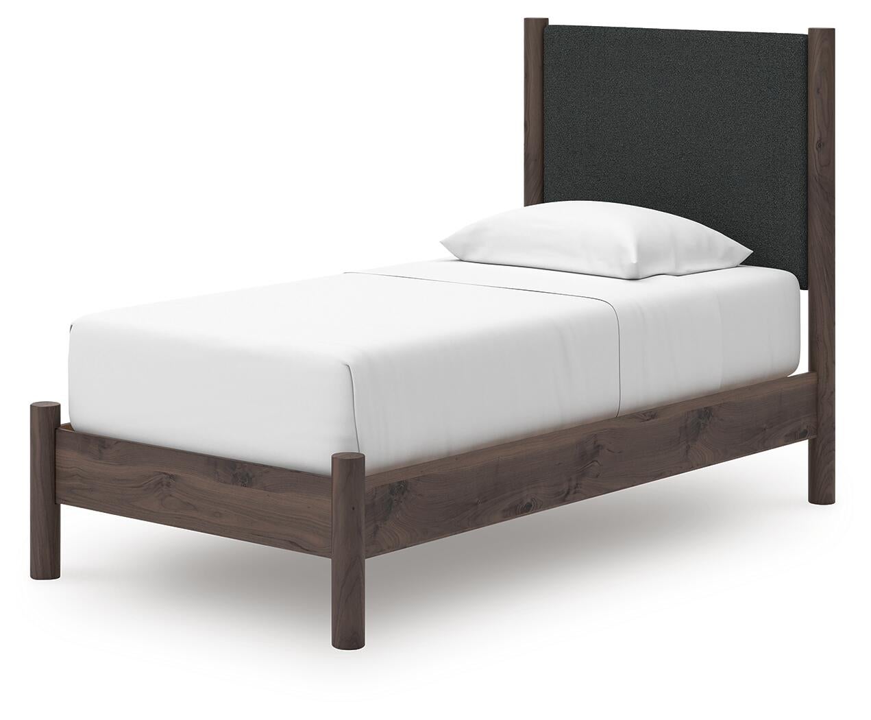 Pamytta Twin Upholstered Panel Platform Bed, Dresser, Mirror and Nightstand
