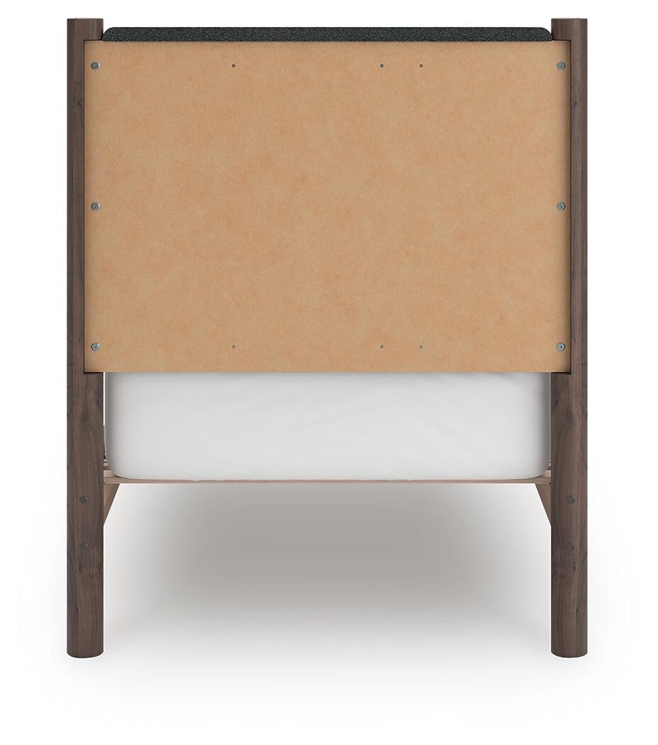 Pamytta Twin Upholstered Panel Platform Bed, Dresser, Mirror and Nightstand