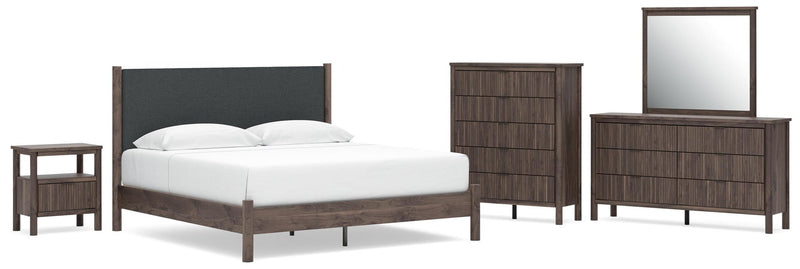 Cadmori King Upholstered Panel Platform Bed, Dresser, Mirror, Chest and Nightstand
