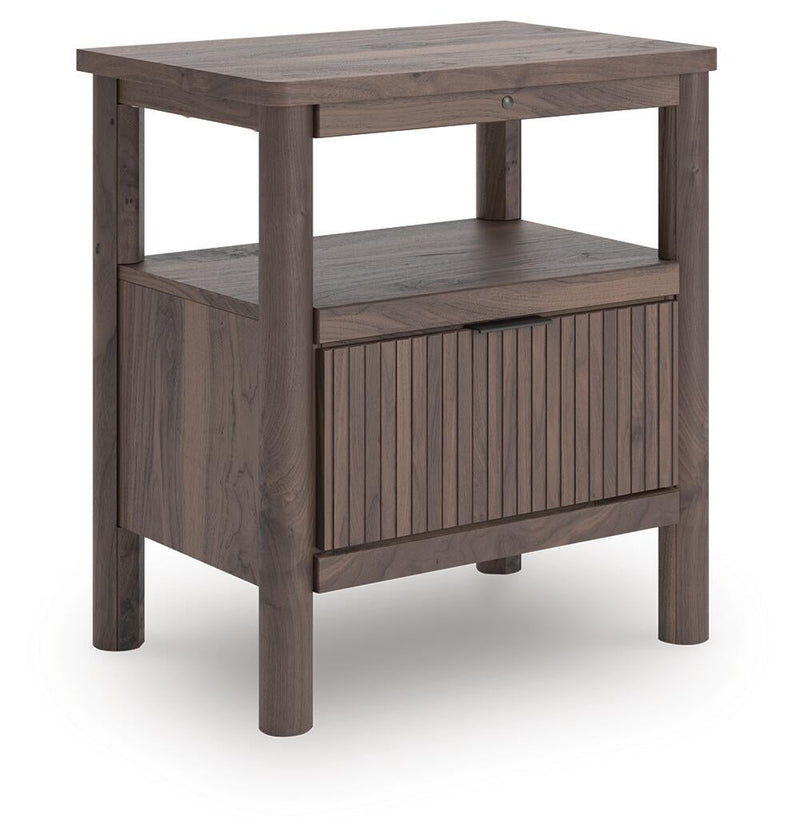 Cadmori King Upholstered Panel Platform Bed, Dresser, Mirror, Chest and Nightstand