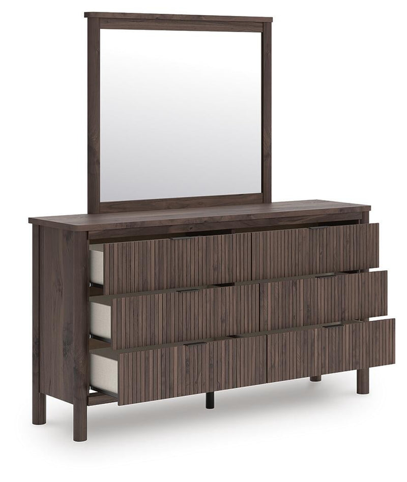 Cadmori King Upholstered Panel Platform Bed, Dresser, Mirror and Nightstand