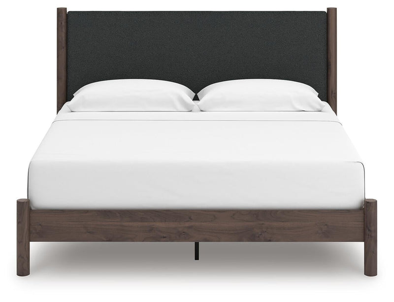 Cadmori King Upholstered Panel Platform Bed, Dresser, Mirror and Nightstand