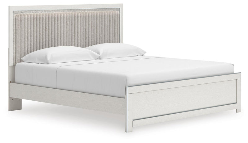 Birmonton King Upholstered Panel Platform Bed, Dresser and Mirror