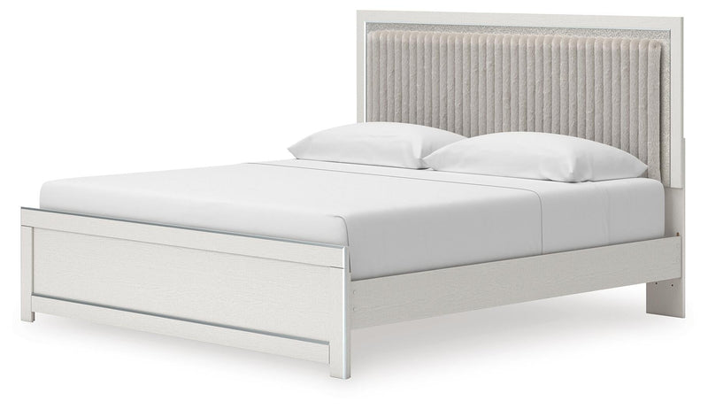 Birmonton King Upholstered Panel Platform Bed, Dresser and Mirror