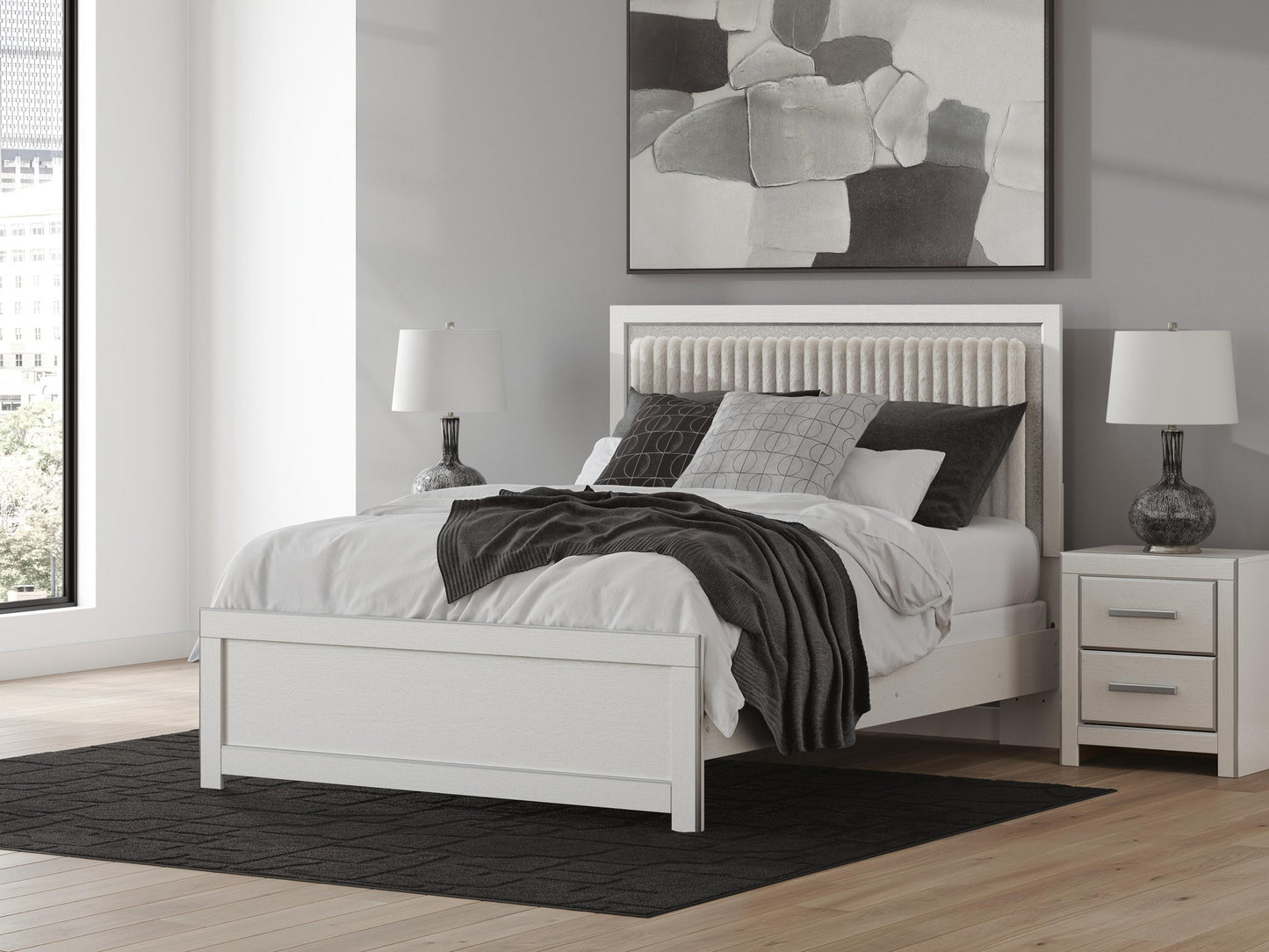 Zuraleus Queen Upholstered Panel Bed, Dresser, Mirror, Chest and Nightstand