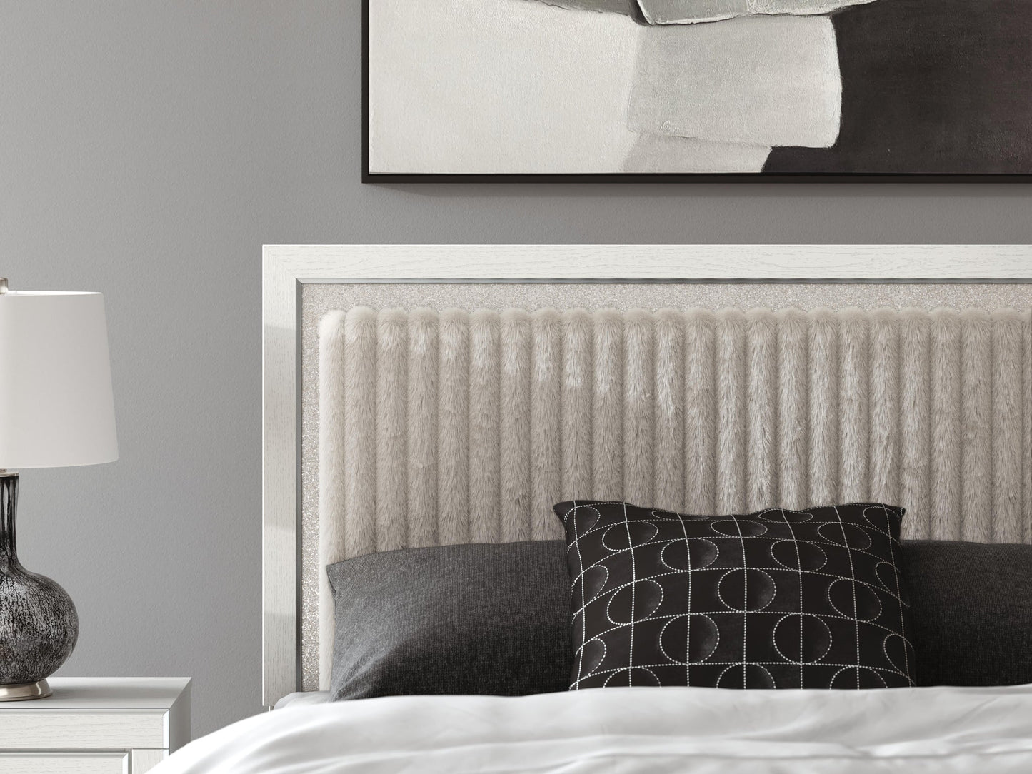 Zuraleus Queen Upholstered Panel Bed, Dresser, Mirror and Nightstand