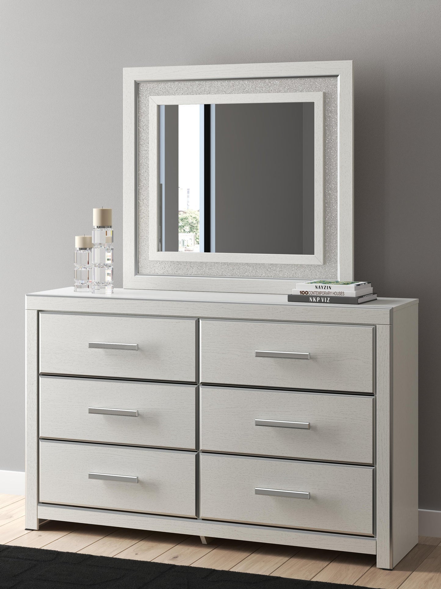 Birmonton Queen Upholstered Panel Platform Storage Bed, Dresser and Mirror