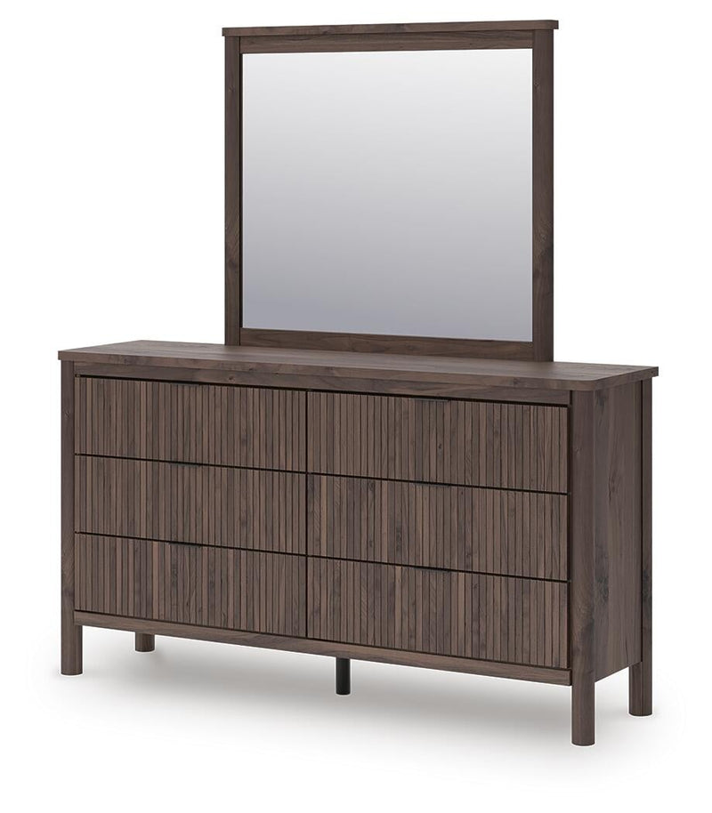 Cadmori King Upholstered Panel Bed, Dresser, Mirror, Chest and Nightstand
